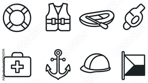 Maritime safety linear icon set. featuring lifebuoy, life vest, raft, whistle, first aid, anchor, helmet, flag symbols