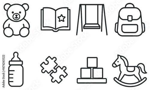 Children's items linear icon set. featuring teddy bear, book, swing, backpack, bottle, puzzle, blocks, rocking horse