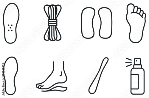 Foot care linear icon set. featuring insole, shoelace, feet, footprint, foot cream, and foot spray symbols