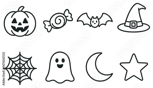 Halloween linear icon set. featuring pumpkin, candy, bat, witch hat, spider web, ghost, moon, star