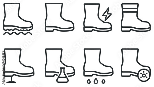 Safety boots linear icon set. featuring waterproof, electric, insulated, slip-resistant, chemical, puncture-proof, and oil-proof symbols