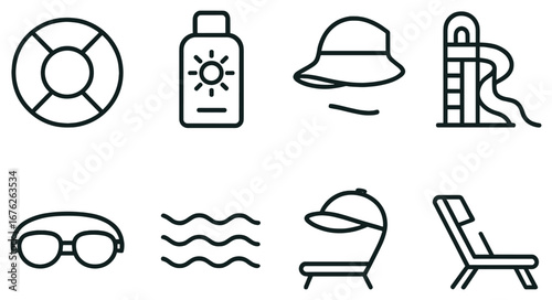 Beach vacation linear icon set. featuring lifebuoy, sunscreen, hat, waterslide, goggles, waves, sunbed, lounger