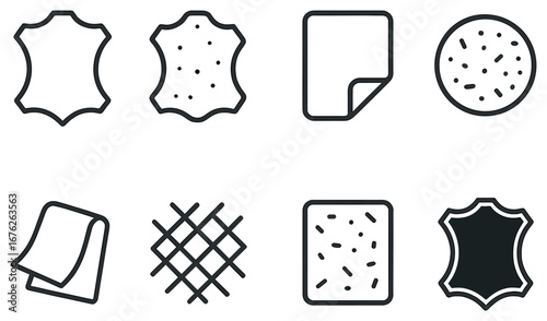 Leather material linear icon set. featuring hide, suede, patch, fabric, stitching, texture, and weave symbols
