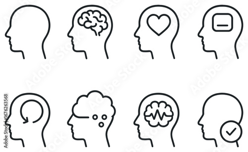 Profile head linear icon set. featuring brain, heart, mind, thinking, psychology, intelligence, mental health