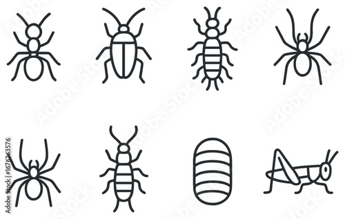 Insects linear icon set. featuring ant, beetle, termite, spider, cocoon, grasshopper