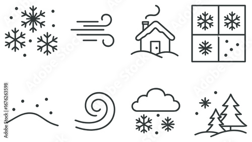 Winter and weather linear icon set. featuring snowflake, wind, house, window, snowfall, cloud, and trees symbols