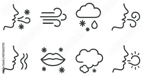 Weather linear icon set. featuring wind, rain, snow, clouds, sun, and temperature symbols