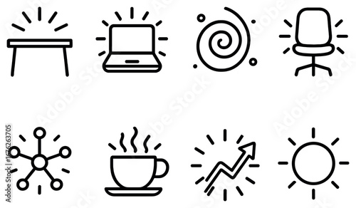 Office and work linear icon set. featuring desk, laptop, swirl, chair, network, coffee, graph, and sun symbols