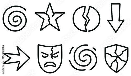 Emotion and direction linear icon set. featuring swirl, star, broken circle, down arrow, angry mask, spiral, shield