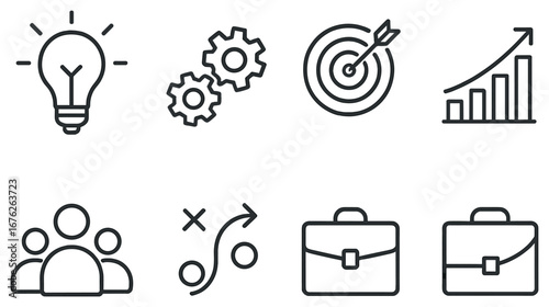 Business strategy linear icon set. featuring lightbulb, gears, target, growth chart, team, plan, briefcase