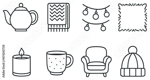 Cozy home linear icon set. featuring teapot, blanket, lights, pillow, candle, mug, chair, and beanie