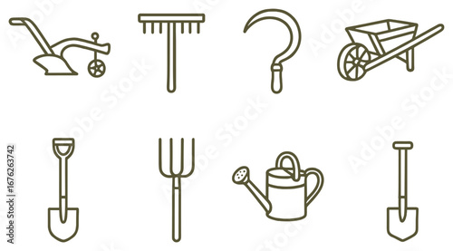 Gardening tools linear icon set. featuring cultivator, rake, sickle, wheelbarrow, shovel, pitchfork, watering can