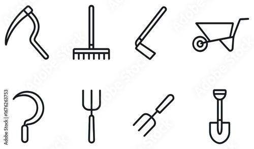 Gardening tools linear icon set. featuring scythe, rake, hoe, wheelbarrow, sickle, pitchfork, and shovel.