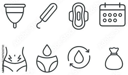 Menstrual cycle linear icon set. featuring cup, tampon, pad, calendar, cramps, underwear, recycling, and bag