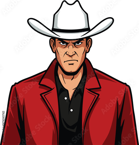 Cowboy character illustration wearing white hat and red jacket with serious expression vector artwork 