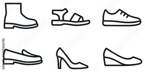 Footwear linear icon set. featuring boots, sandals, sneakers, loafers, heels, wedges