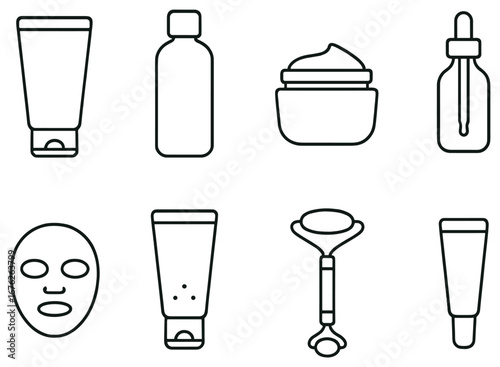 Beauty products linear icon set. featuring cream, cleanser, serum, mask, roller, lotion
