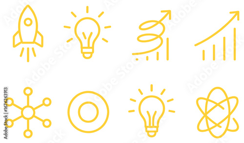 Business growth linear icon set. featuring rocket, lightbulb, charts, network, target, atom symbols