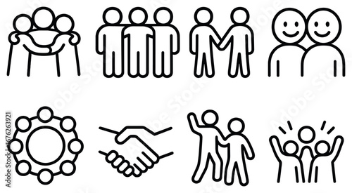 Community and friendship linear icons set. featuring group, handshake, unity, teamwork, support, and celebration