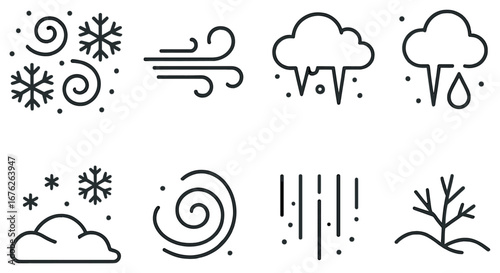 Weather conditions linear icon set. featuring snow, wind, cloudy, rain, and storm symbols