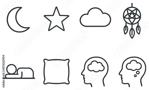 Sleep and dream flat icon set. featuring moon, star, cloud, dreamcatcher, sleeping person, pillow, thought symbols