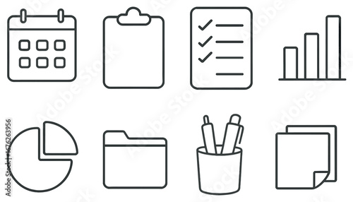 Business and office linear icon set. featuring calendar, clipboard, checklist, graph, pie chart, folder, pen holder, documents