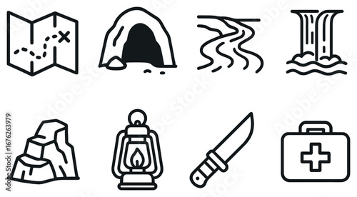 Outdoor adventure linear icon set. featuring map, cave, river, waterfall, rocks, lantern, knife, first aid kit