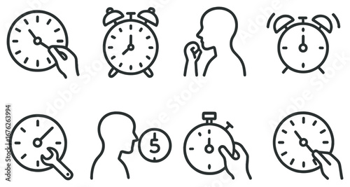 Time management linear icon set. featuring stopwatch, countdown, alarm, clock, and scheduling symbols