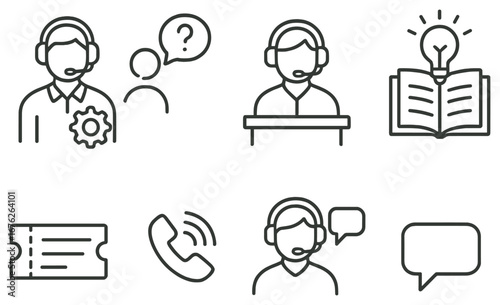Customer service linear icons set. featuring support, consultation, call center, ticket, idea, book, dialogue