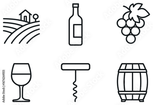 Wine and vineyard linear icon set. featuring vineyard, wine bottle, grapes, wine glass, corkscrew, barrel