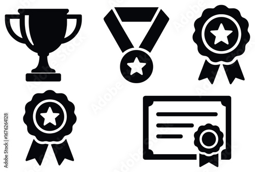 Achievement flat icon set. featuring trophy, medal, ribbon, award, and certificate symbols