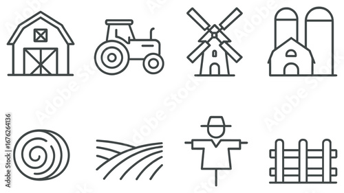 Farm and agriculture linear icon set. featuring barn, tractor, windmill, silo, hay, field, scarecrow, fence
