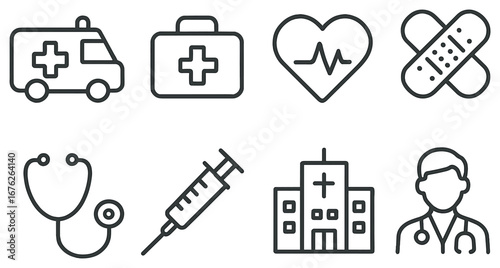 Healthcare linear icon set. featuring ambulance, first aid, heart, bandage, stethoscope, syringe, hospital, doctor