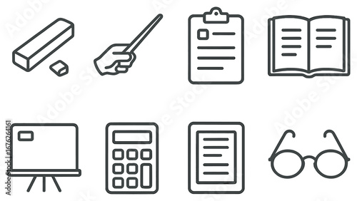 Education linear icon set. featuring pencil, pointer, clipboard, book, board, calculator, document, glasses