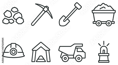 Mining equipment linear icon set. featuring ore, pickaxe, shovel, cart, helmet, tunnel, truck, beacon symbols