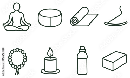 Meditation and yoga linear icon set. featuring meditation, cushion, mat, incense, mala, candle, bottle, block
