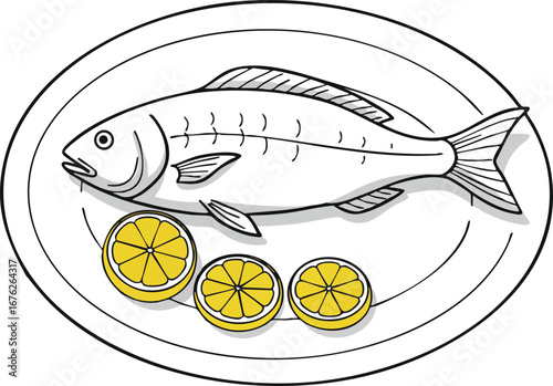 Whole fish served on plate with lemon slices fresh seafood meal vector illustration