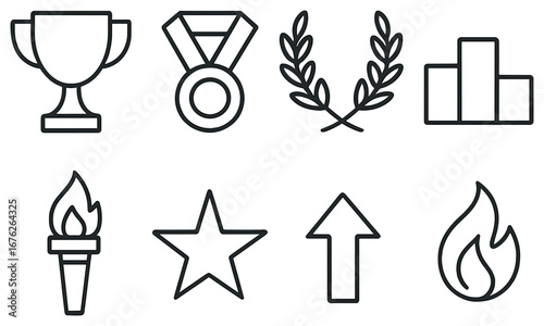 Sport achievement linear icon set. featuring trophy, medal, laurel, podium, torch, star, arrow, and flame symbols