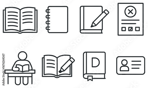 Education linear icon set. featuring book, notebook, exam paper, study, reading, dictionary, id card symbols