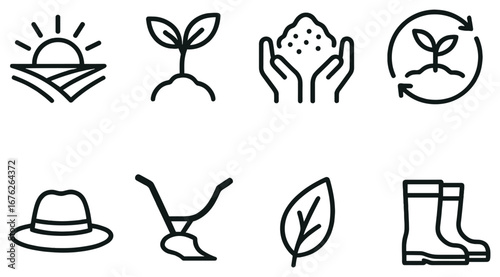 Farming and agriculture linear icon set. featuring sun, seedling, soil, recycle, hat, plow, leaf, and boots