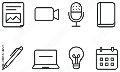Office essentials linear icon set. featuring document, camera, microphone, book, pen, laptop, bulb, calendar