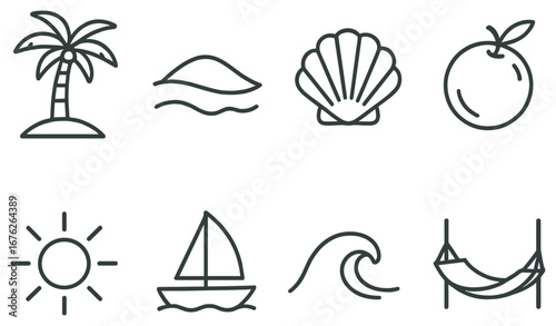 Beach vacation linear icon set. featuring palm tree, wave, shell, coconut, sun, boat, wave, and hammock
