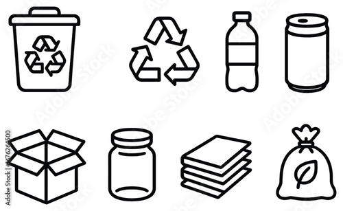 Recycling linear icon set. featuring bin, arrows, bottle, can, box, jar, paper, and bag symbols