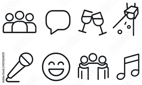 Entertainment linear icon set. featuring group, chat, drinks, gift, microphone, smiley, music note