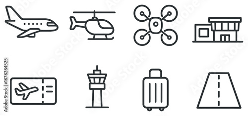 Travel and transportation linear icon set. featuring airplane, helicopter, drone, hotel, ticket, control tower, luggage, runway