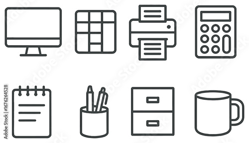 Office essentials linear icons set. featuring computer, spreadsheet, printer, calculator, notepad, pens, cabinet, mug