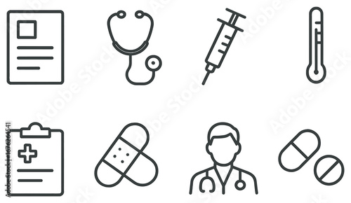 Healthcare linear icon set. featuring document, stethoscope, syringe, thermometer, clipboard, bandage, doctor, pill symbols
