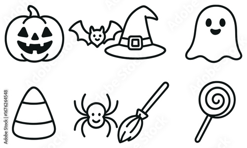 Halloween linear icon set. featuring pumpkin, bat, witch hat, ghost, candy corn, spider, broom, and lollipop