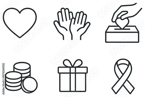 Charity and donation linear icon set. featuring heart, hands, donation box, coins, gift, ribbon symbols