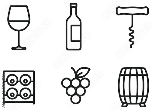 Wine collection linear icon set. featuring glass, bottle, corkscrew, rack, grapes, barrel symbols